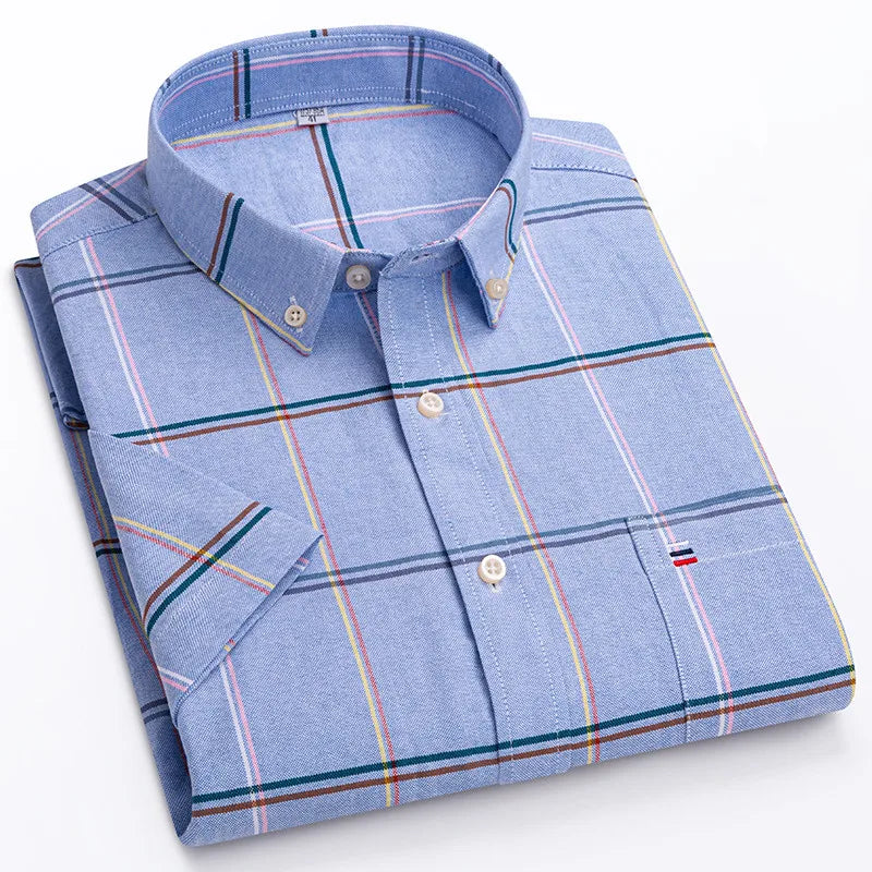 100% Cotton Men Oxford Shirt Short Sleeve Summer Plaid Striped Male Clothes Business Regular Fit Dress Shirt Oversized 7XL 6XL