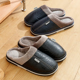 Men Slippers Indoor PU Leather House Waterproof Warm Home Bedroom Fur Slipper Male Shoes Fluffy Big Size Casual Slide Shoes