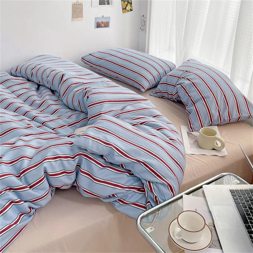 Pure Cotton Home Textile Blue Striped Bedding Set Simple Soft Duvet Cover Sheet Pillowcase Ins Style Bed Linens Queen King Size