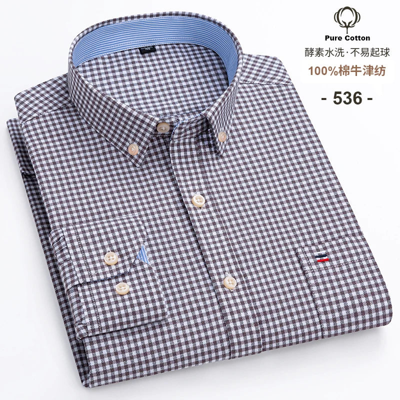 S~6XL Cotton Oxford Shirt For Mens Long Sleeve Plaid Striped Casual Shirts Male Pocket Regular-Fit Button-Down Work Man Shirt