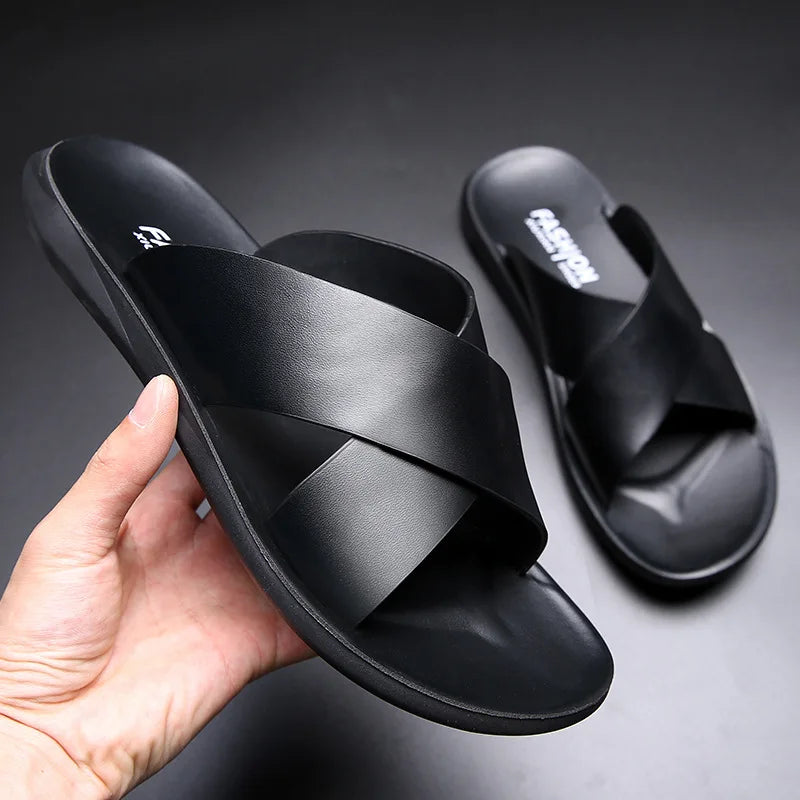 Leather Slippers For Men New Hotel Beach Summer Shoes High Quality Big Size  Slip On Light Flats Male Flip Flops 2023