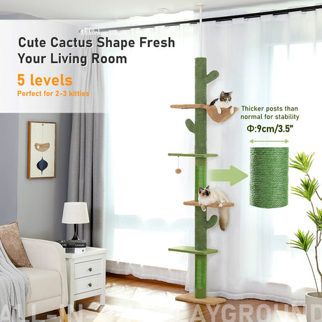 5-Tier Floor to Ceiling Cat Tree Tower Cactus Tall Climbing Tree with Scratching Post Hammock Dangling Ball for Indoor Cats