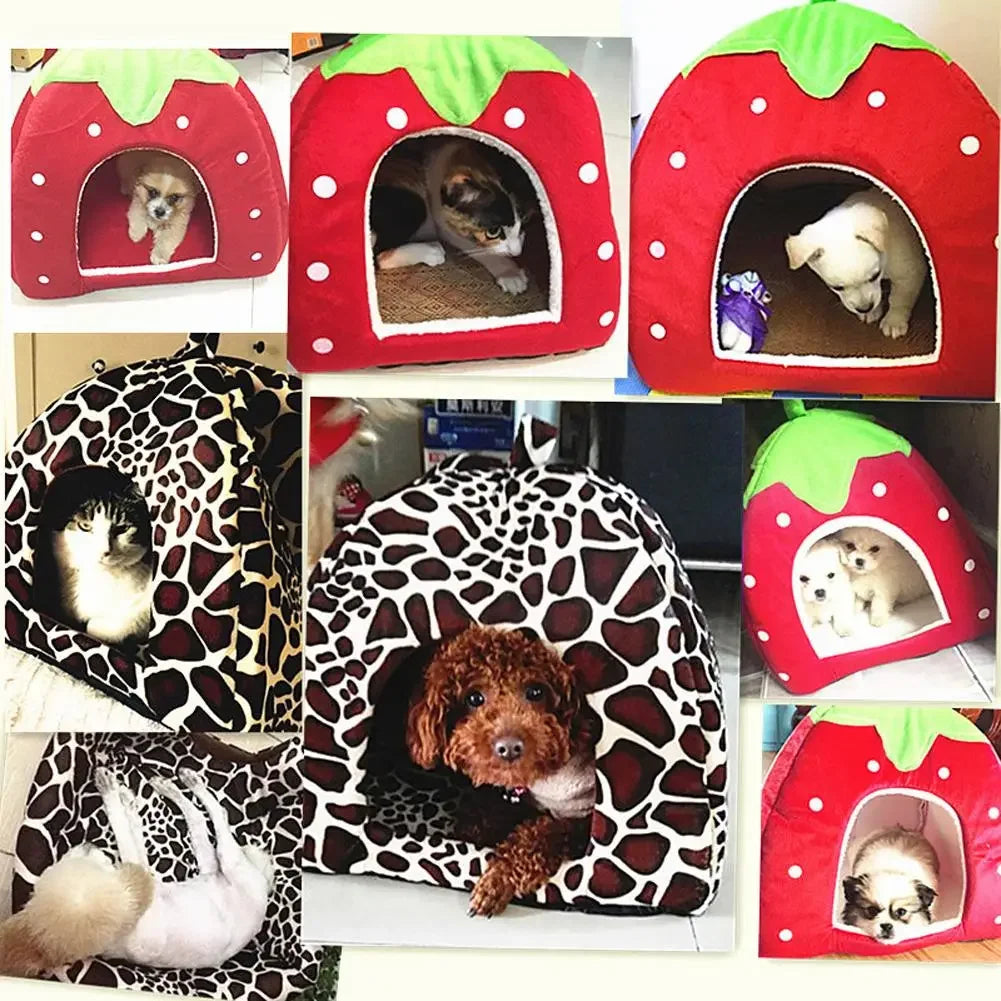 Soft Strawberry Leopard Dog Cat House Tent Kennel Doggy Winter Warm Cushion Basket Animal Bed Cave Pet Supplies