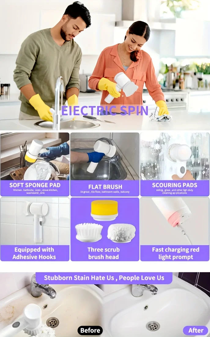 Electric Spin Scrubber With 5 Replaceable Brush Head Power  Electric Cleaning Brush Handheld Rechargeable Shower Scrubber