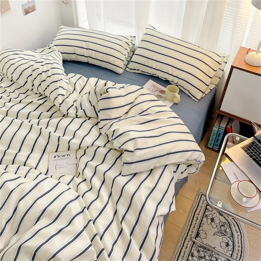 Pure Cotton Home Textile Blue Striped Bedding Set Simple Soft Duvet Cover Sheet Pillowcase Ins Style Bed Linens Queen King Size