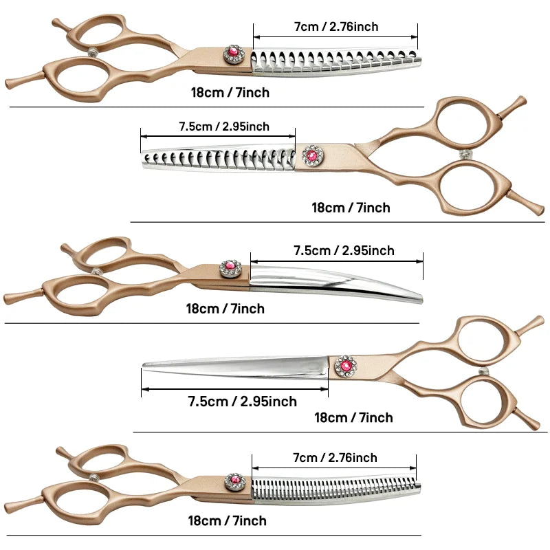 7" Professional Dog Grooming Scissors Set，Straight Scissors & Curved Thinning Shears & Curved Scissors&Curved Chunkers Shears