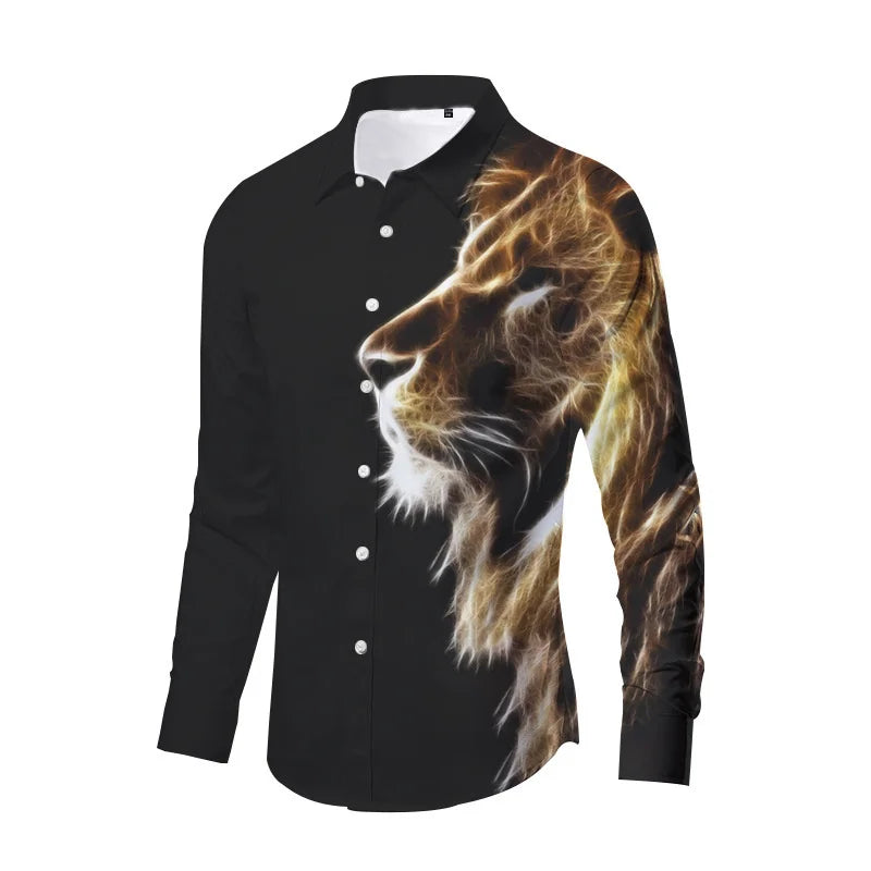 Tiger Print Long Sleeve Shirt For Men Clothing 3D Lion Pattern Spring Autumn Long Sleeve Tops Street Casual Fashion Long Sleeved