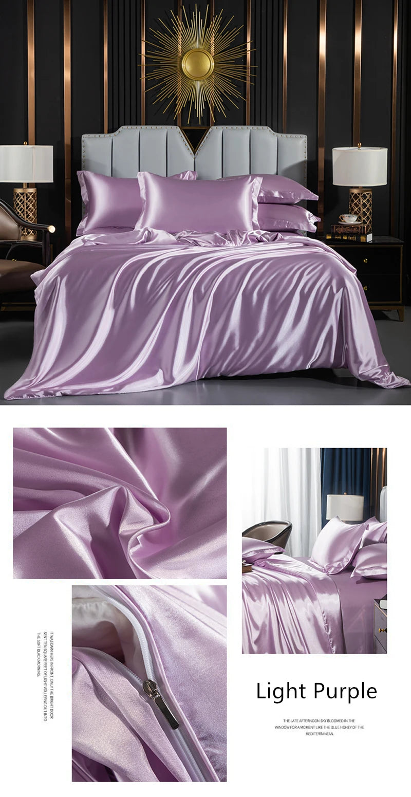 Solid Silk Bedding Set with Duvet Cover Fitted/Flat Bed Sheet Pillowcase Luxury Couple Bedsheet King Queen Double Twin Size