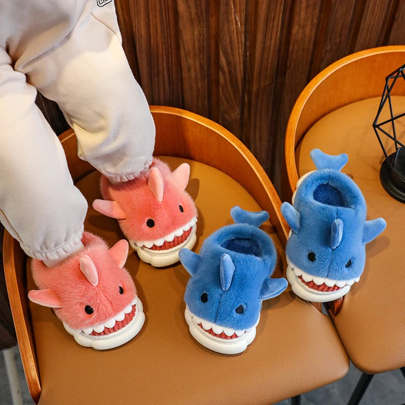 Winter Cute Cartoon Shark Cotton Slippers Children's Non-slip Soft Sole Slides For Kids Girls Baby Boys Warm Plush Home Shoes