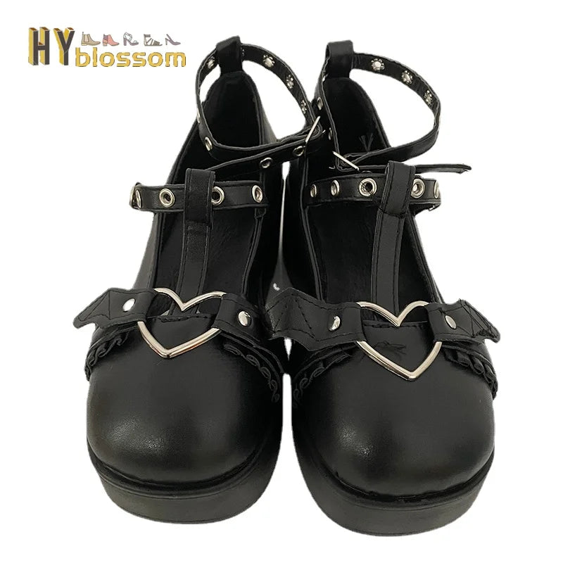 new Sweet Heart Buckle Wedges Mary Janes Women Pink T-Strap Chunky Platform Lolita Shoes Woman Punk Gothic Cosplay Shoes 43