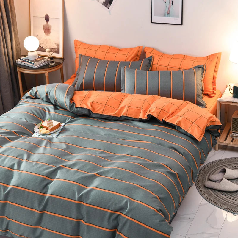 Striped Grey Duvet Cover Twin Queen Size Reversible Neutral Orange Plaid Quilt Cover Geometric Bedding Set Microfiber 3 Pcs Set