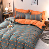 Striped Grey Duvet Cover Twin Queen Size Reversible Neutral Orange Plaid Quilt Cover Geometric Bedding Set Microfiber 3 Pcs Set