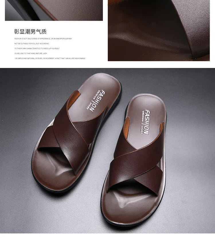 Leather Slippers For Men New Hotel Beach Summer Shoes High Quality Big Size  Slip On Light Flats Male Flip Flops 2023