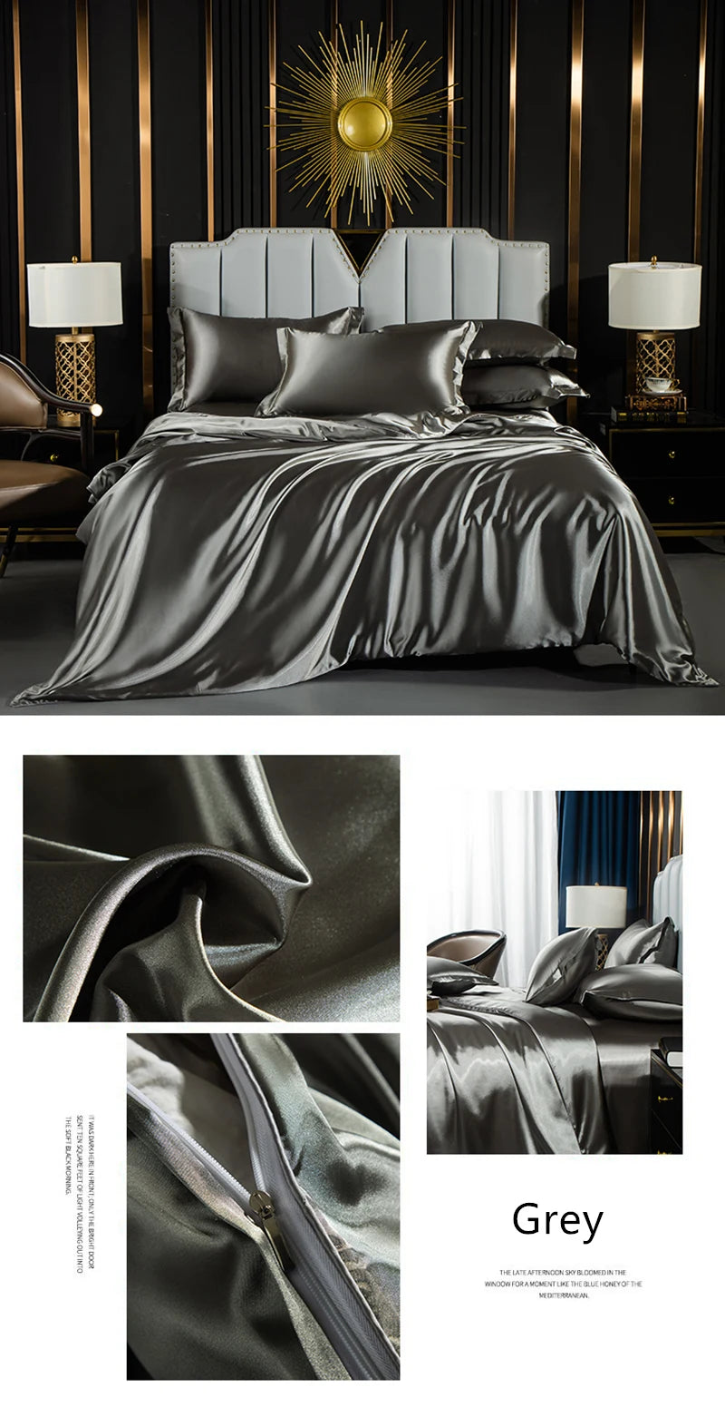 Solid Silk Bedding Set with Duvet Cover Fitted/Flat Bed Sheet Pillowcase Luxury Couple Bedsheet King Queen Double Twin Size