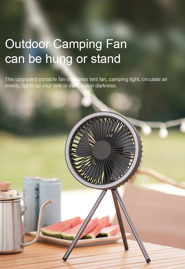 10000mAh Camping Fan Rechargeable Desktop Portable Air Circulator Wireless Ceiling Electric Fan with Power Bank LED Light Tripod