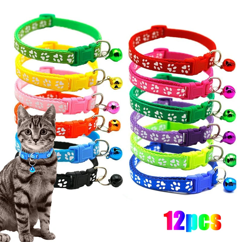 Pet Collar With Bell Cartoon Footprint Colorful Dog Puppy Cat Accessories Kitten Collar Adjustable Safety Bell Ring Necklace Pet