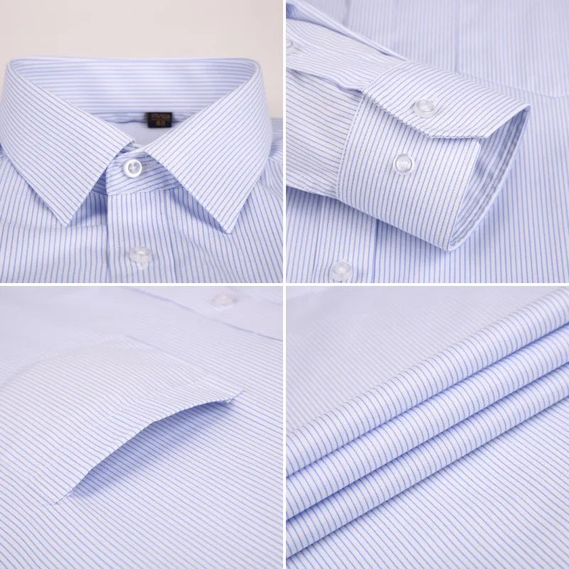 High Quality Cotton Men Dress Long Sleeve Shirt 2023 New Solid Male Plus Size Regular Fit Stripe Business Shirt White Blue