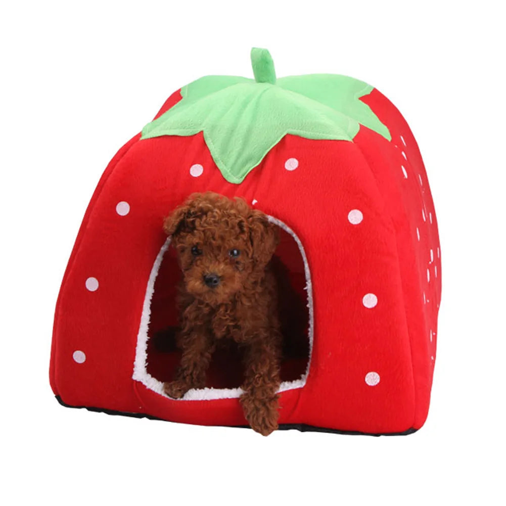 Cute Strawberry Pet Dog Cat House Foldable Warm Soft Winter Dog Bed Sofa Cave Puppy Dog House Kennel Nest for Small Dogs Cats