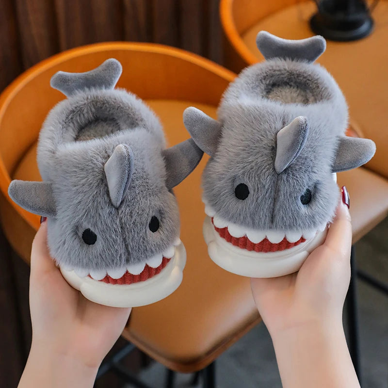 Winter Cute Cartoon Shark Cotton Slippers Children's Non-slip Soft Sole Slides For Kids Girls Baby Boys Warm Plush Home Shoes