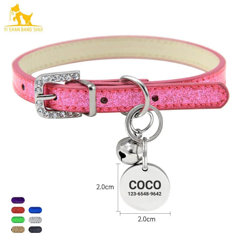 Bling Leather Cat Collar With Bell Personalized ID Name Collar for Cats Puppy Small Dog Kitten Accessories Chuahua Necklace XS S