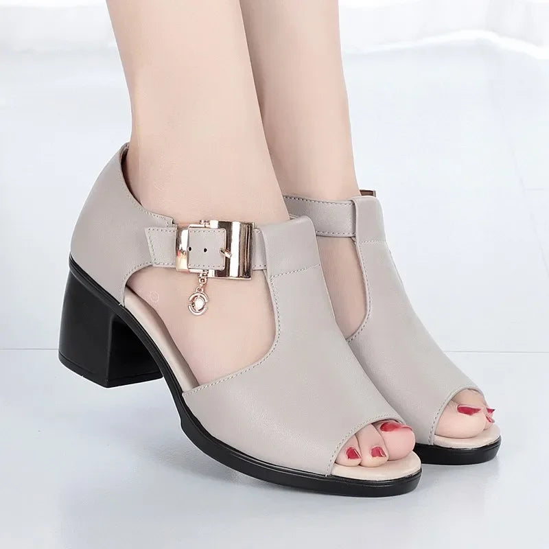 Women Fashion Fish Mouth Shoes Chunky Heel Metal Decorative Buckle Sandals Casual Shoes 2024 Sandals Summer New Women's Sandals