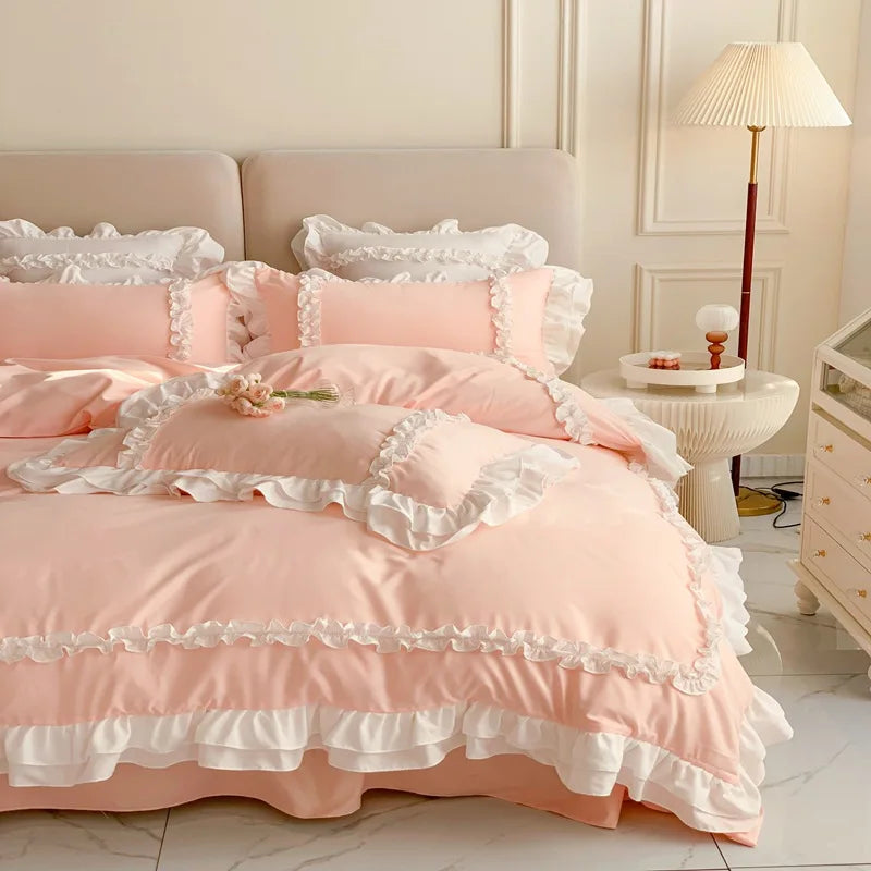 Elegant Lace Bedding Sets Luxury Bed Linen Princess Washed Cotton Ruffle Duvet Cover Bed Sheet and Pillowcases for Girl Luxury