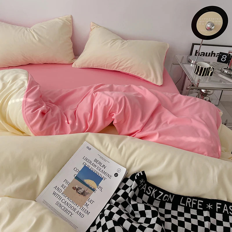 100% Cotton Pink Bedding Set Nordic Chic Duvet Cover Flat Sheet Pillowcase Soft Comforter Cover Bed Linen Boy Girl Home Textiles