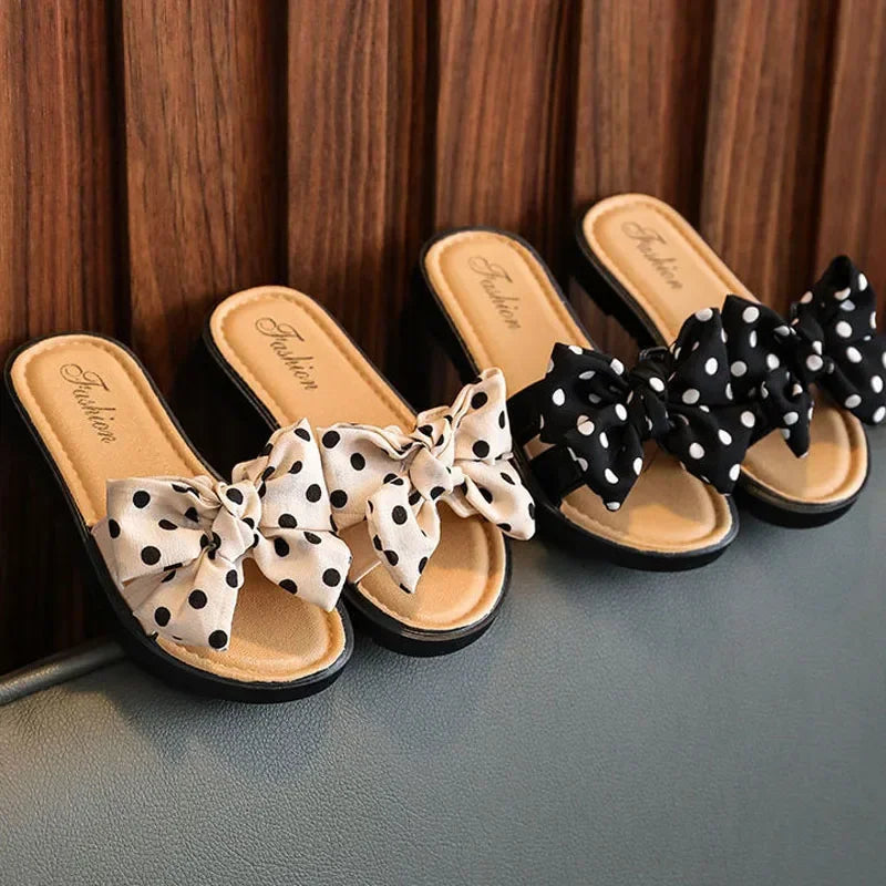 2023 New Bow Flats Open Toe Slide Sandals Non-slip Flip Flops Children Home Slippers Kids Girls Summer Cute Beach Slippers Shoe