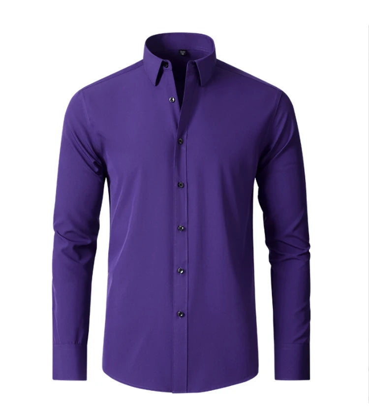 6xl New Spring and summer  elastic force non-iron men's long-sleeved business casual shirt solid color mercerized vertical shirt