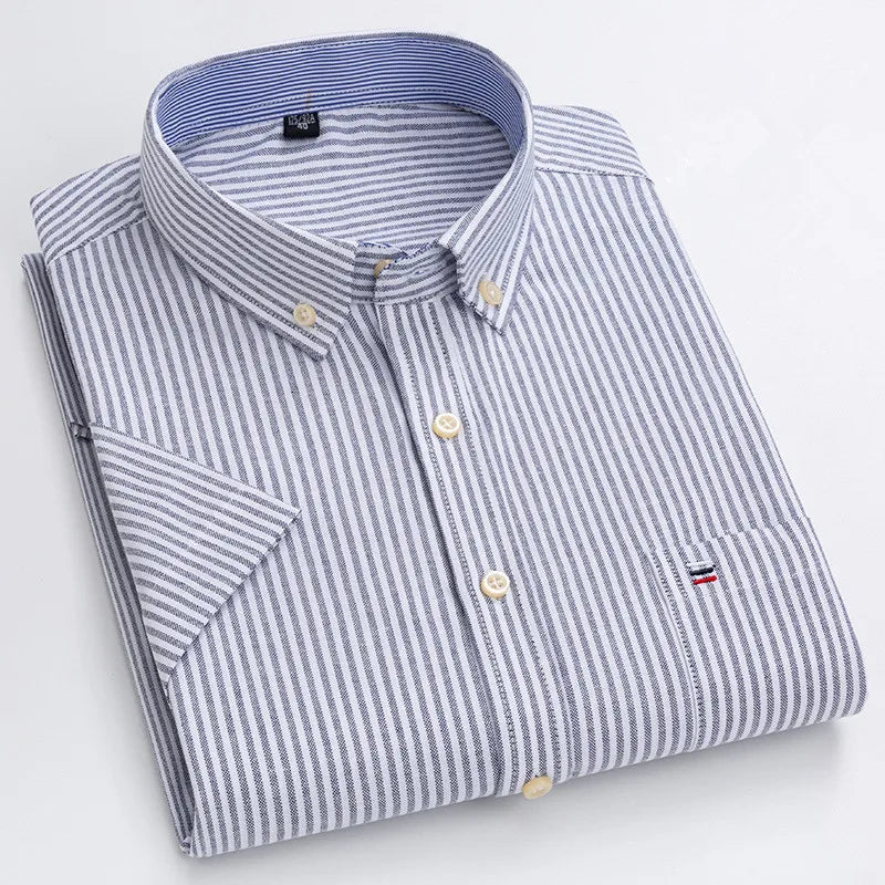 100% Cotton Men Oxford Shirt Short Sleeve Summer Plaid Striped Male Clothes Business Regular Fit Dress Shirt Oversized 7XL 6XL