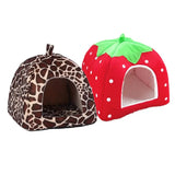 Soft Strawberry Leopard Dog Cat House Tent Kennel Doggy Winter Warm Cushion Basket Animal Bed Cave Pet Supplies