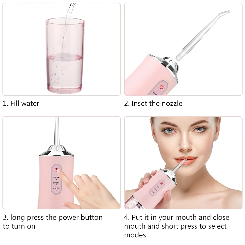 Oral Irrigator Portable Dental Water Flosser USB Rechargeable Water Jet Floss Tooth Pick 4 Jet Tip 220ml 3 Modes IPX7 1400rpm