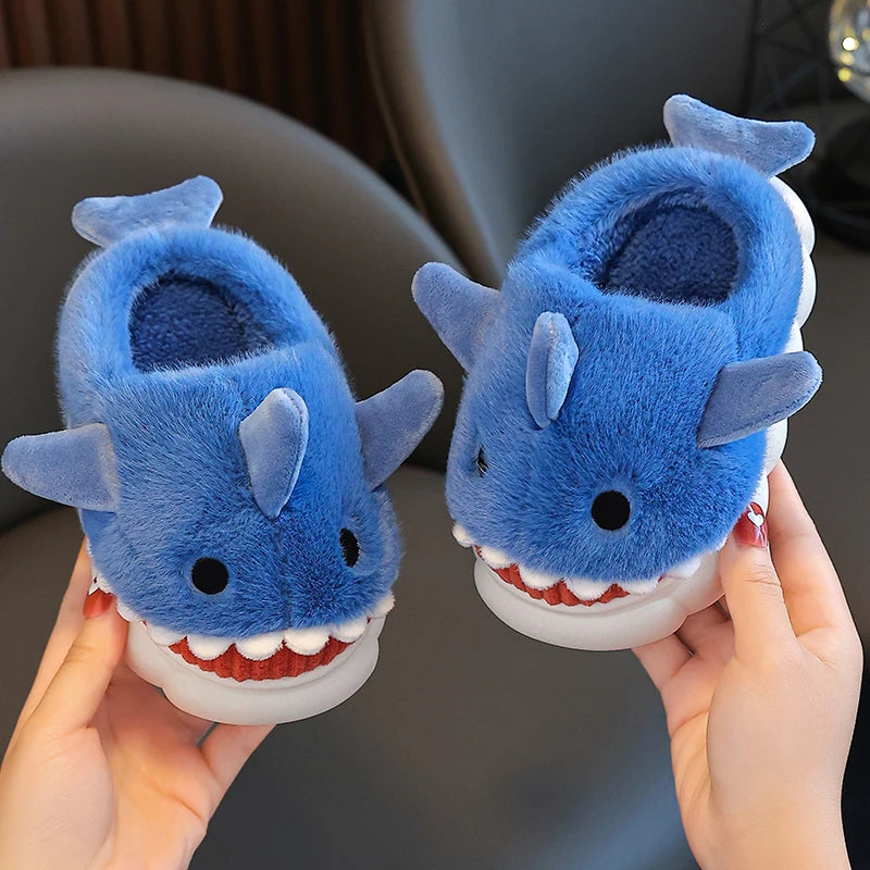 Winter Cute Cartoon Shark Cotton Slippers Children's Non-slip Soft Sole Slides For Kids Girls Baby Boys Warm Plush Home Shoes