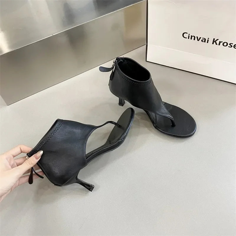 2024Women's Sandals Fashion High Heel Flip Flops Summer Zipper Soft Sole Roman Shoe Temperament Cool Boots for