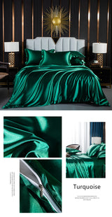 Solid Silk Bedding Set with Duvet Cover Fitted/Flat Bed Sheet Pillowcase Luxury Couple Bedsheet King Queen Double Twin Size