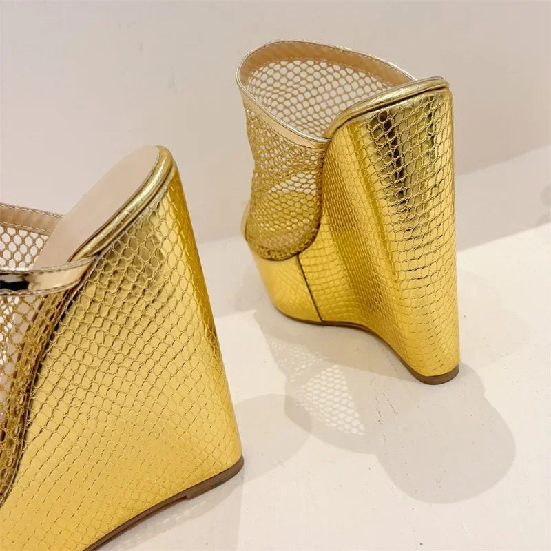 Eilyken Street Style Gold Silver Fashion Open Toe Platform Wedges Women Slippers Design Mesh Fabric Banquet High Heels Shoes