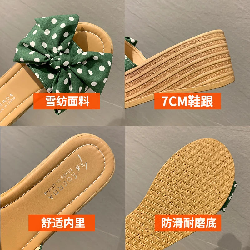 Aphixta 7cm Platform Wedge Slippers Women Shoes Butterfly-knot Clog Riband Polka Dot Snowflake Fabric Bow Flip Flop Light Slide