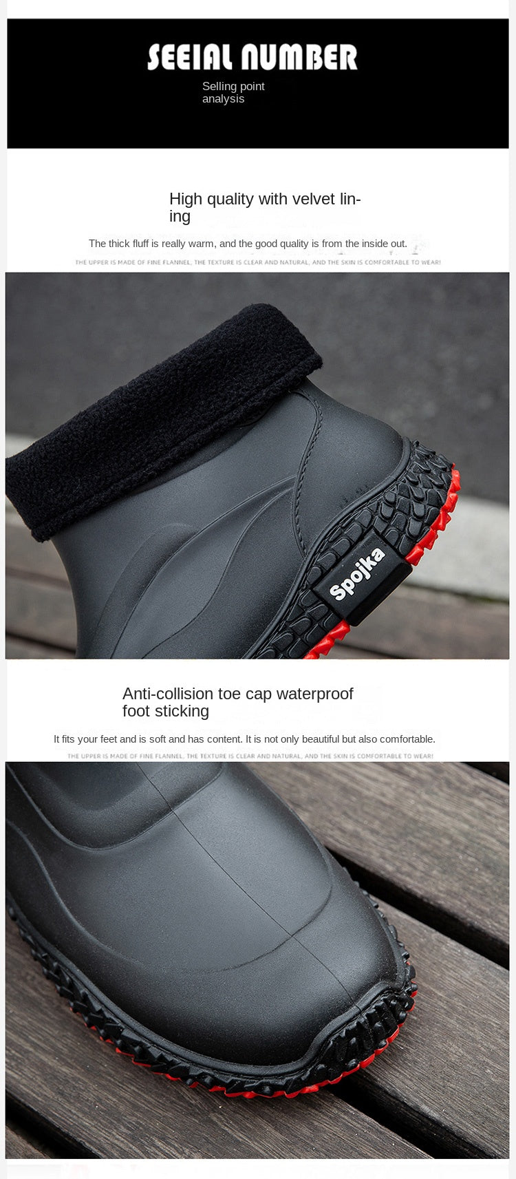 Rain boots mens new short cotton rain boots outdoor fishing shoes thick sole non-slip waterproof shoes kitchen work rubber shoes