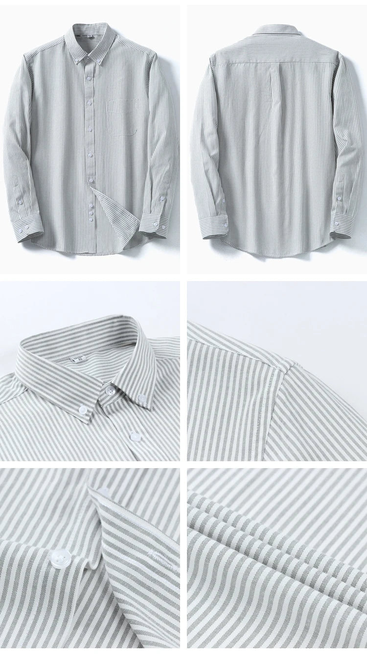 Men's Cotton Blend Long Sleeve Striped Oxford Woven Shirt Front Patch Chest Pocket Button-down Spring Autumn Casual Shirts