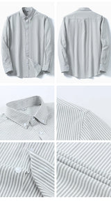 Men's Cotton Blend Long Sleeve Striped Oxford Woven Shirt Front Patch Chest Pocket Button-down Spring Autumn Casual Shirts