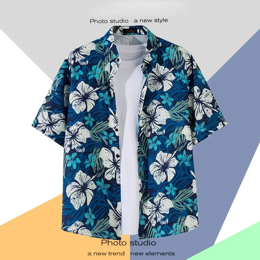 Men Street Fashion Summer Daily Shirt Hawaiian Cartoon Print Casual Loose Shirts Short Sleeve Beach Loose Tops