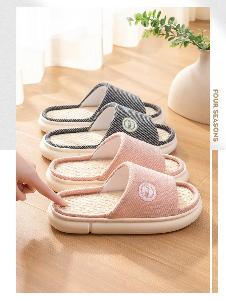 Couples Home Cotton Linen Slippers Women Indoor Bedroom Soft Slides Comfortable Men House Shoes Non-slip Breathable Flats