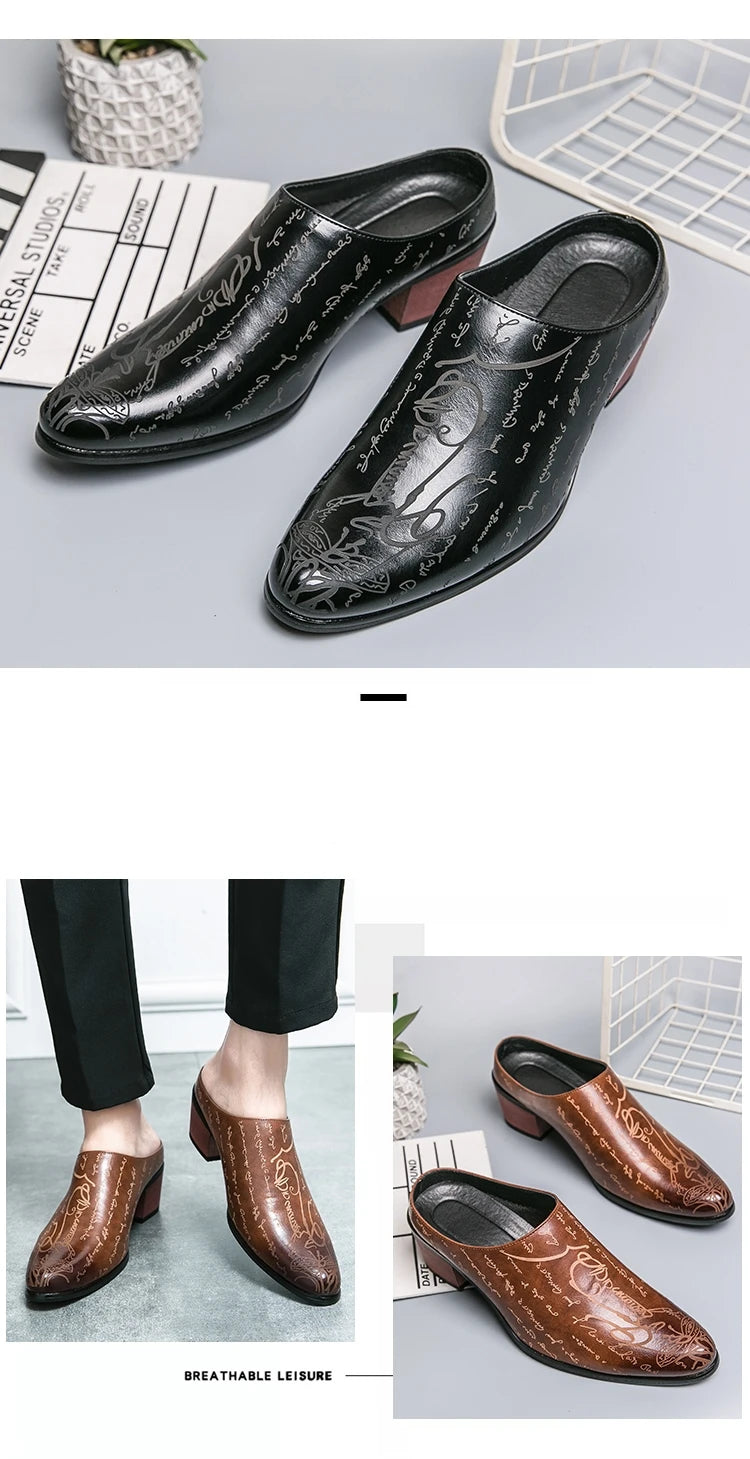 New Summer High Heel Mules Men Half Shoes For Man Leather Slippers Mens Casual Shoes Formal Loafers Dress Male Slides Sandals