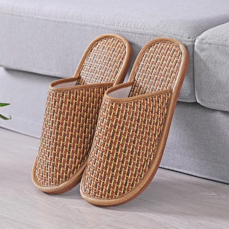 Bamboo Weaving Home Linen Slippers Summer Cooling Woven Rattan Sandals Indoor Non-slip Slides Unisex Bedroom Shoes Zapatillas