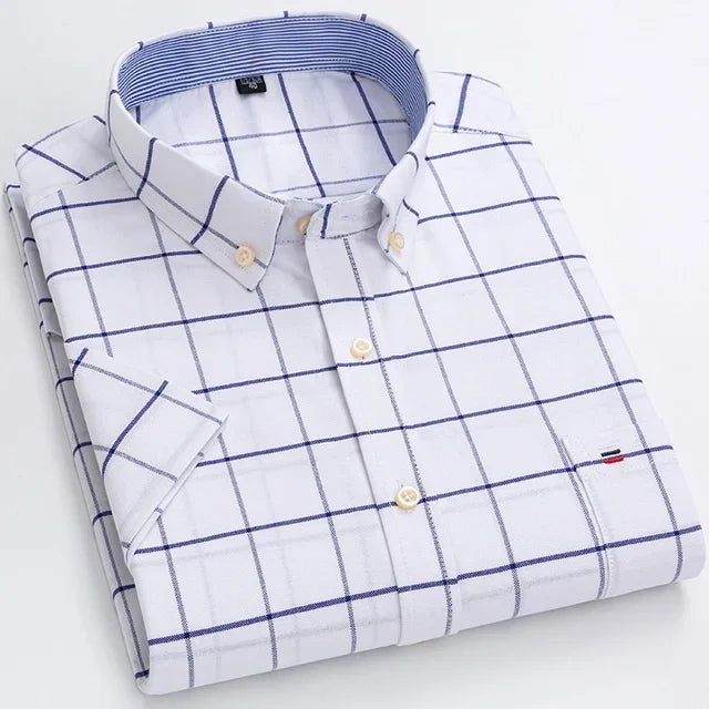 2023 100% Pure Cotton Men's Oxford Short Sleeve Square Collar Soild Plaid Striped Summer Casual Shirts Single Pocket  Shirt