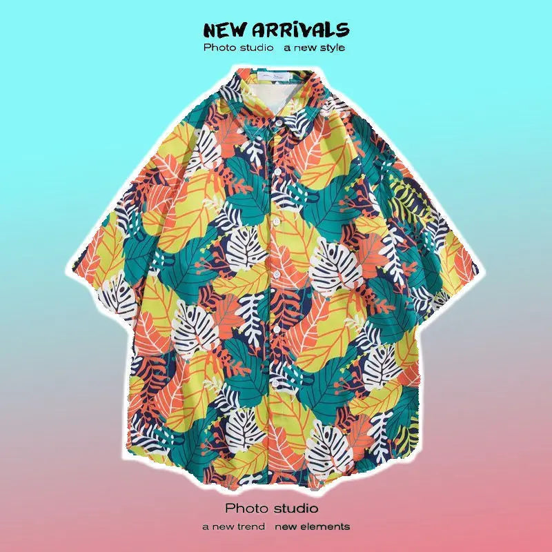 Men Street Fashion Summer Daily Shirt Hawaiian Cartoon Print Casual Loose Shirts Short Sleeve Beach Loose Tops