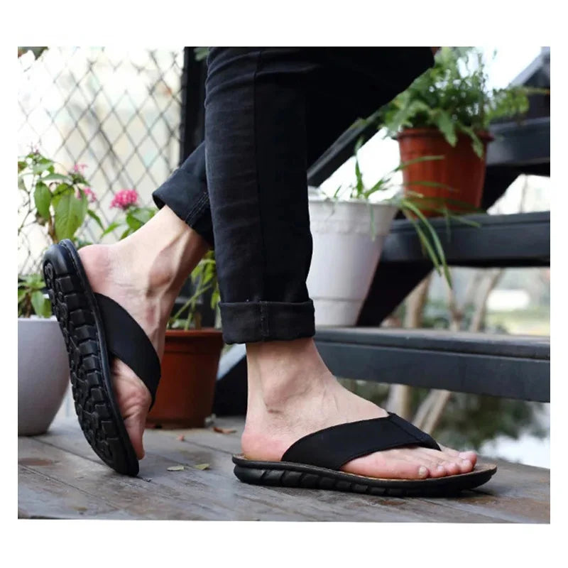 Summer Shoes Men Slippers Flip Flops Genuine Leather Non-slip Flat Mens Sandals Holiday Footwear Black Khaki