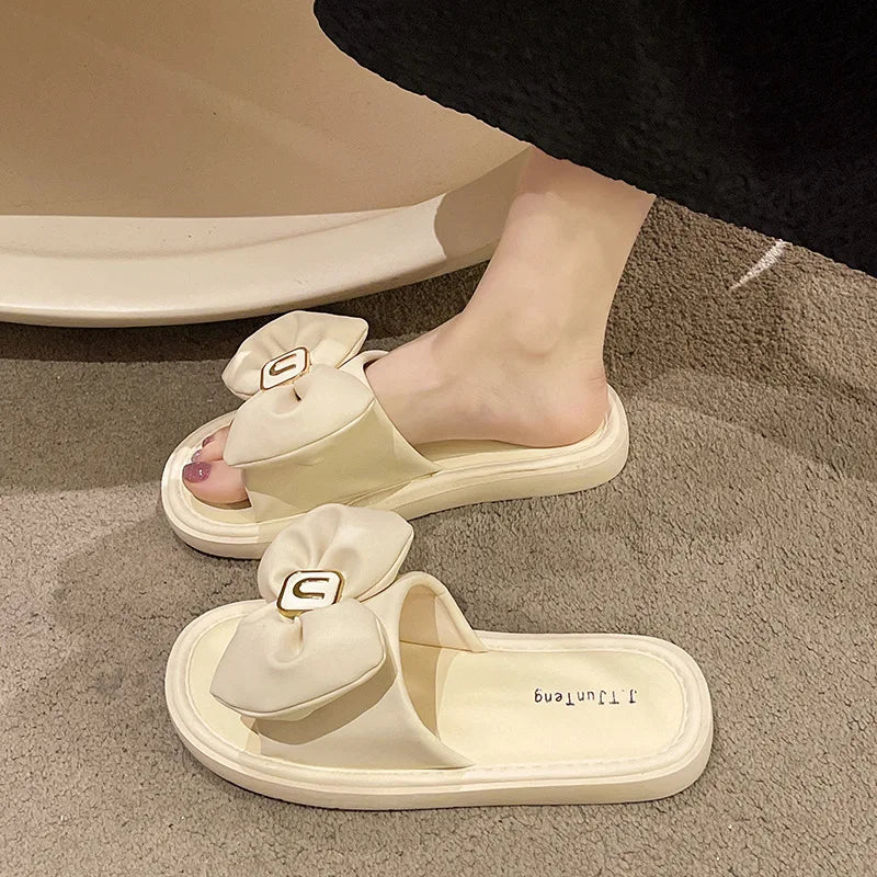 2024 Summer New Women Fresh Light Sense of Square Buckle Bow Sandals Simple Outside Wear Flip-flops Explosion Buy Slippers