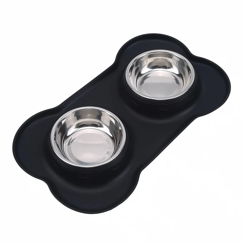 Antislip Double Dog Bowl With Silicone Mat Durable Stainless Steel Water Food Feeder Pet Feeding Drinking Bowls for Dogs Cats