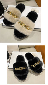 Fluffy Slippers Home Winter Casual Chain Designer Shoes Women 2024 Indoor Platform Plush Slides Girls Fashion Elegant Large Size